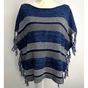CHAPS Sweater Poncho Blue Stripe Fringed Size Large Boho Coastal Cowgirl Western